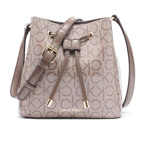 CALVIN KLEIN Astatine Signature Patent Mini Bucket Bag Almond/Taupe AUTHENTIC - Picture 1 of 7